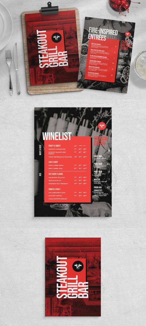 Bar Restaurant Food Menu Layout with Bold Red & Black Colors