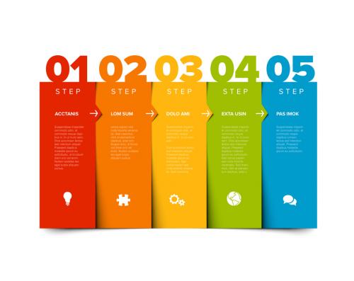 Five Color Steps Elements Columns Layout with Big Numbers