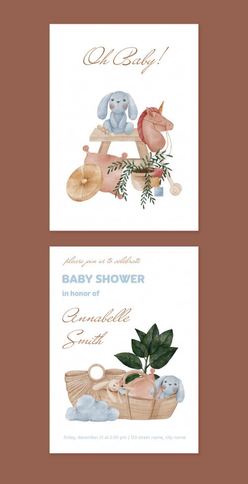 Watercolor Baby Introducing and Baby Shower Cards Set