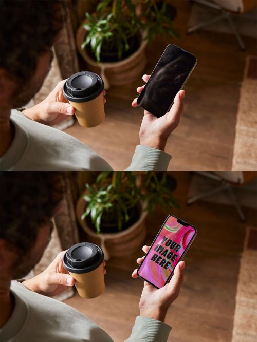 Man Holding a Smartphone Mockup with a Coffee