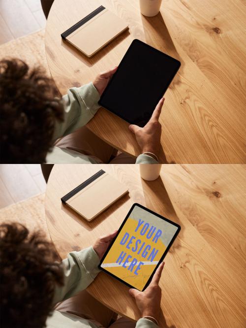 Man Using a Tablet Mockup with High Angle