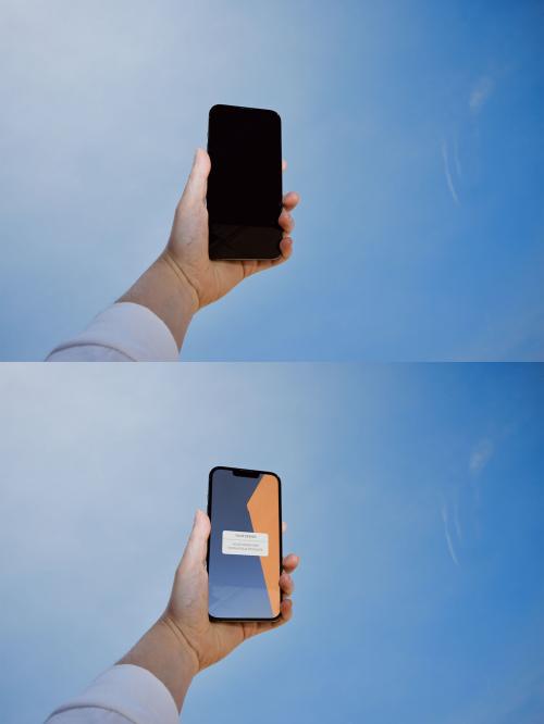 Mockup of Smartphone with Hand Against the Blue Sky