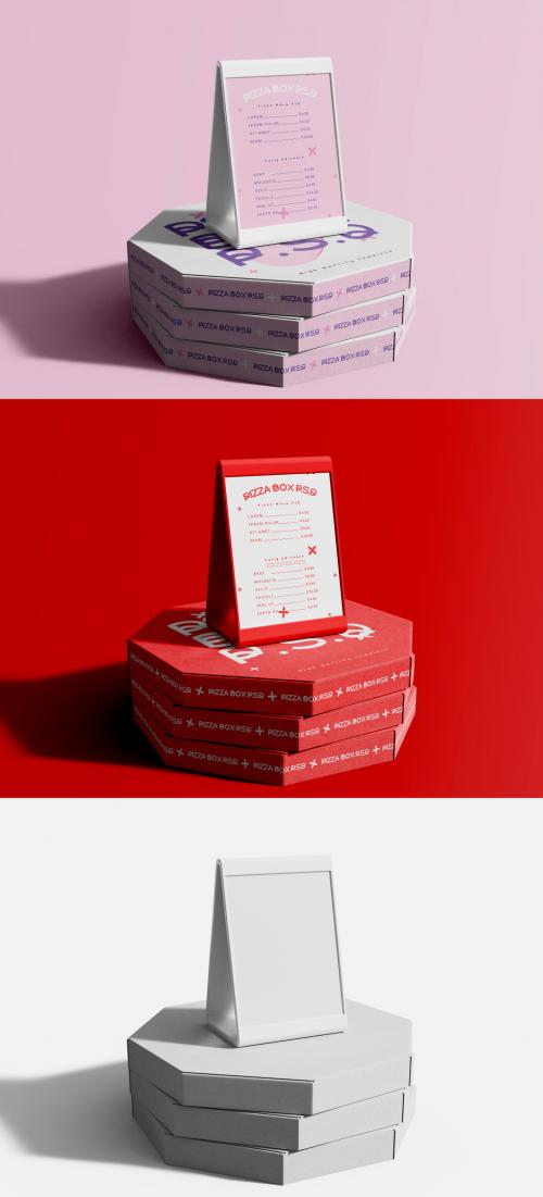 3D Octagon Pizza Boxes with Pizzeria Menu Mockup