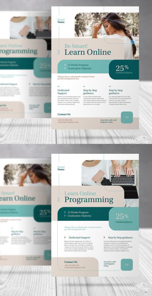 Online Courses Presentation Flyer with Beige and Turquoise Accents