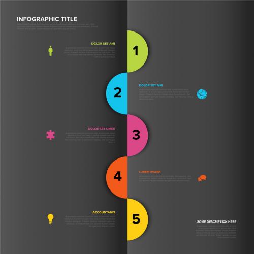Five Half Circle Vertical Steps Elements Dark Template with Icons