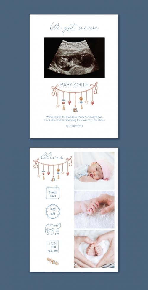 Pregnancy Announcement and Baby Introducing Cards Set with Watercolor Illustrations and Photo Placeholder
