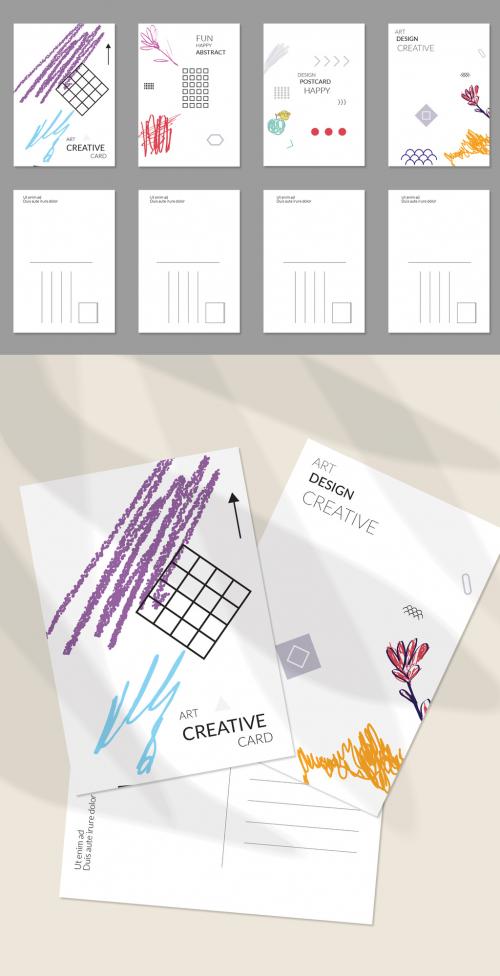 Postcard Layouts with Hand Drawn Abstract Floral Doodles and Geometric Shapes