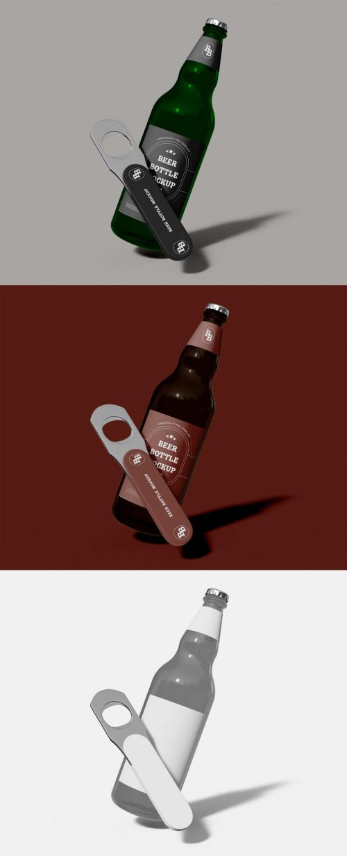 Isolated Beer Bottle with Metalic Opener Mockup