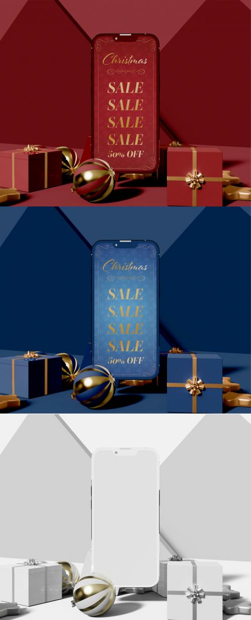 Smartphone with Gift Boxes Christmas Concept Mockup