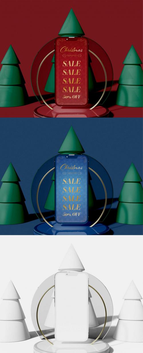 Front View of Smartphone with Three Christmas Trees Mockup