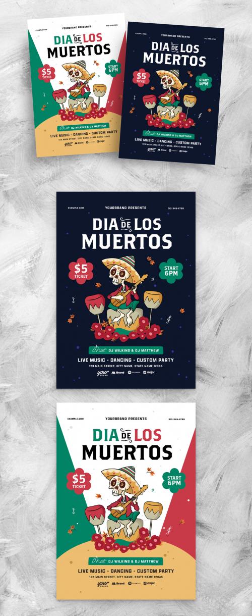 Day of the Dead Dia De Los Muertos Flyer Poster with Cartoon Style
