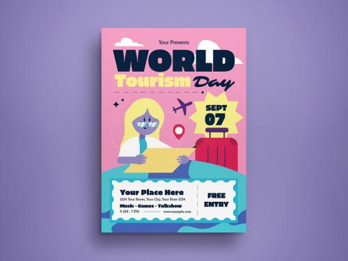 Pink Flat Design World Tourism Day Flyer Layout