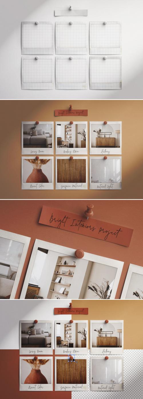 Moodboard of Six Instant Photos with Pins Mockup