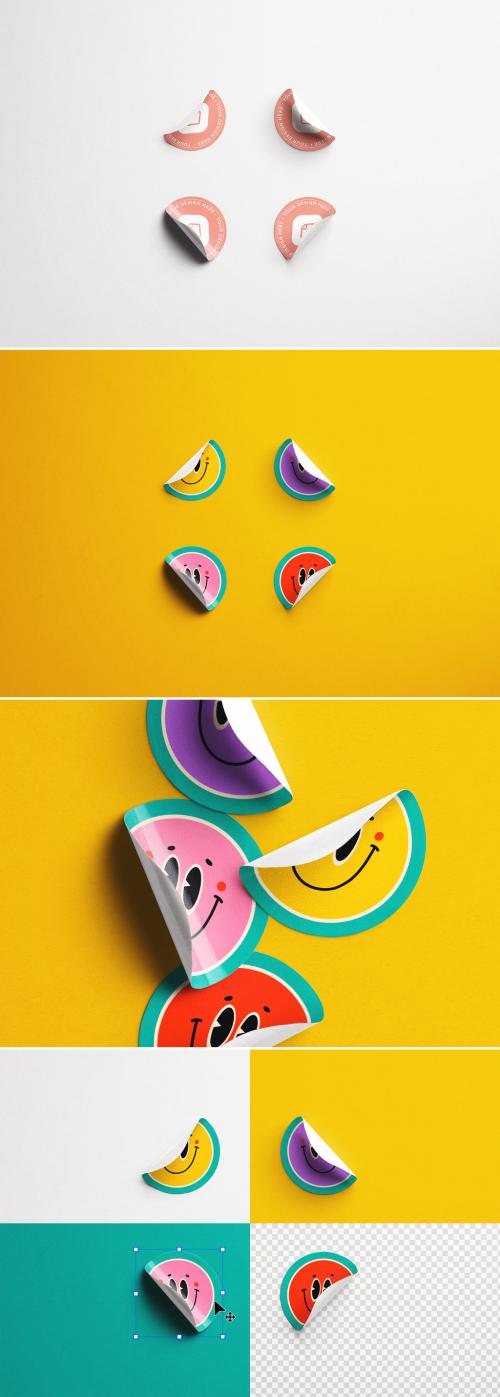 Four Folded Round Stickers Mockup