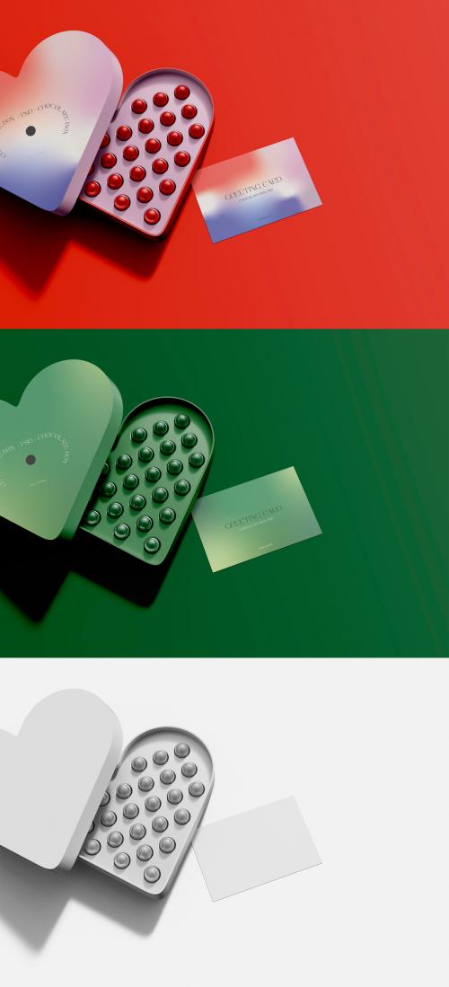 3D Heart Box Chocolates with Greeting Card Mockup