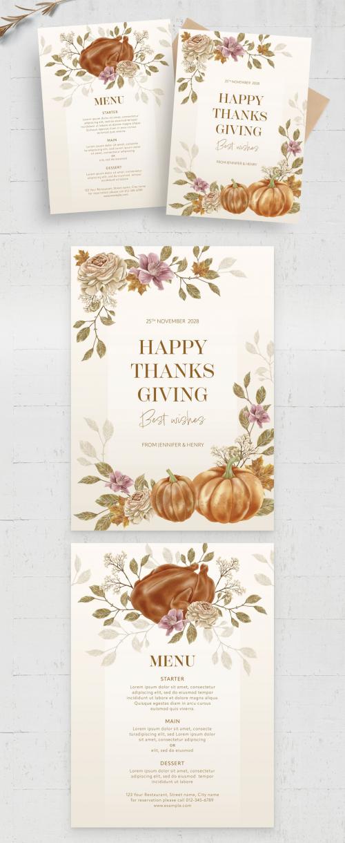 Thanksgiving Flyer Menu Card with Rustic Flower Pumpkin Illustrations