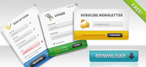 PSD Pack – Sign up forms, login panels, subscribe forms + download buttons