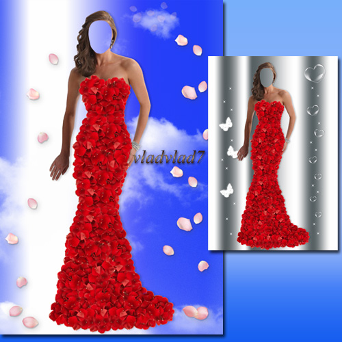 Women\'s template for Photoshop – Dress made of petals of roses