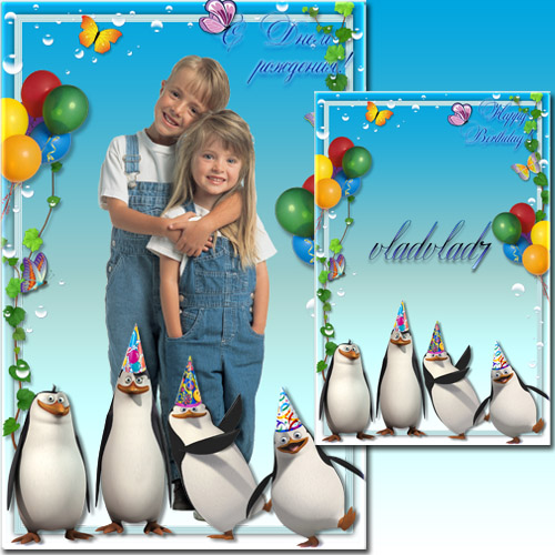 Kid\'s Photoframe - The penguins of Madagascar congratulated on his birthday