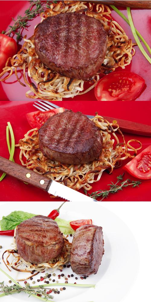 Grilled Beef Fillet Pieces on Noodles